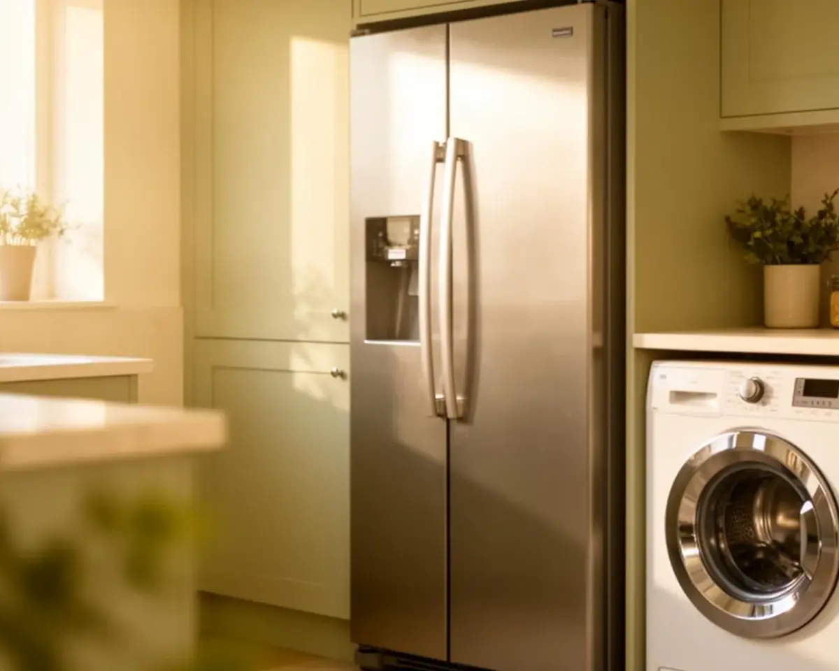 Modern kitchen with refrigerator and washing machine