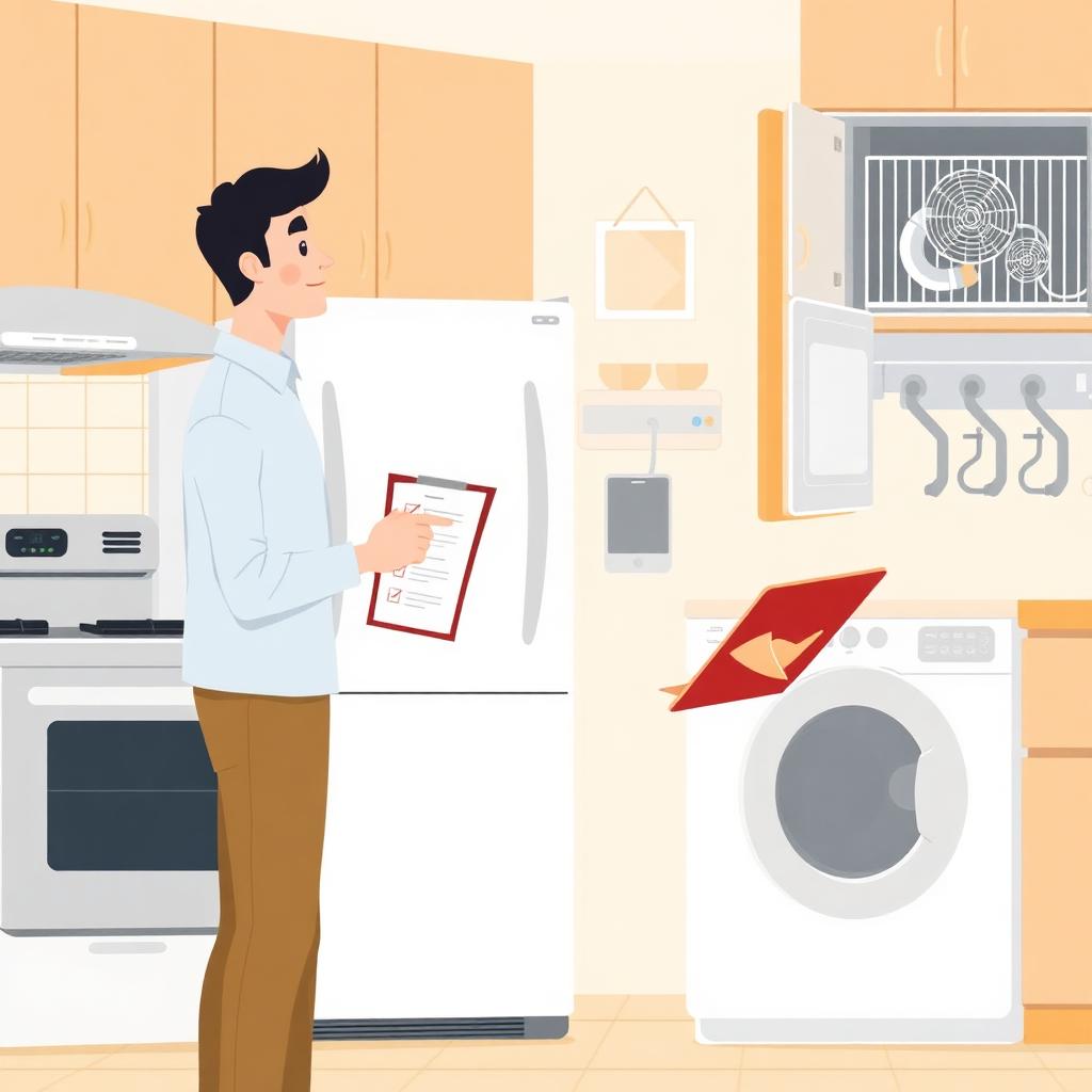 Homeowner following an appliance maintenance checklist in the kitchen
