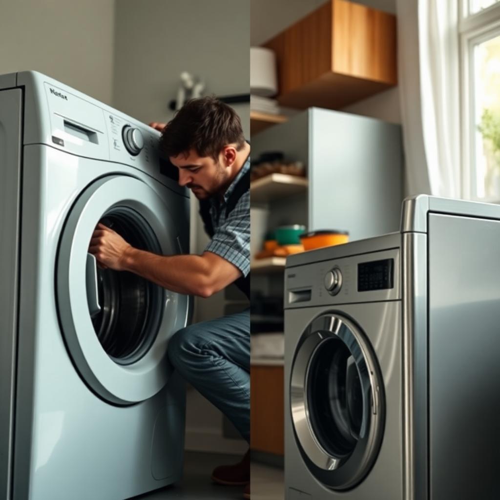Homeowner comparing appliance repair estimate with new appliance replacement options