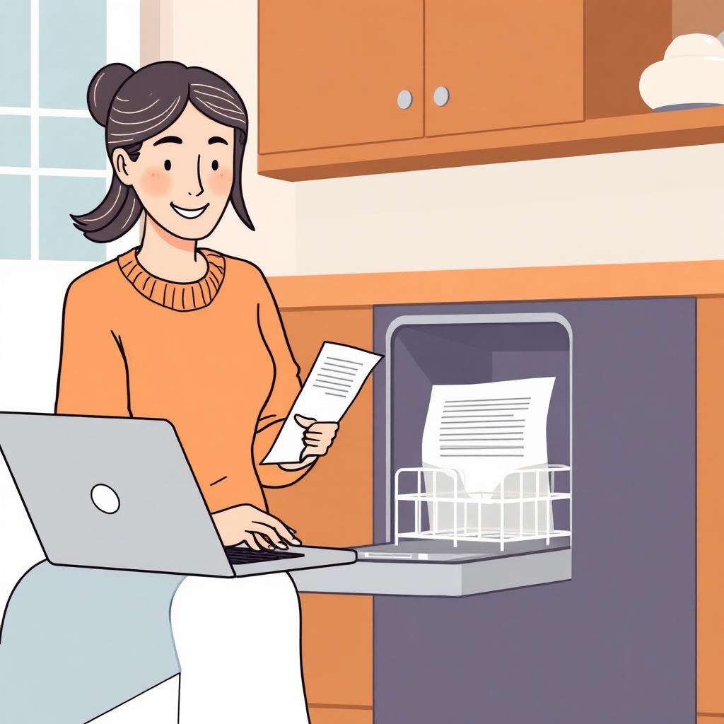 Homeowner filing an appliance warranty claim on a laptop near a broken dishwasher