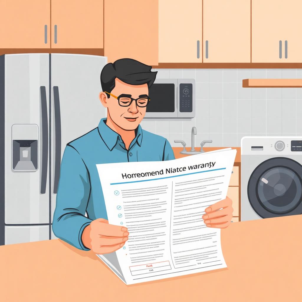 Homeowner reviewing an extended appliance warranty plan beside kitchen appliances