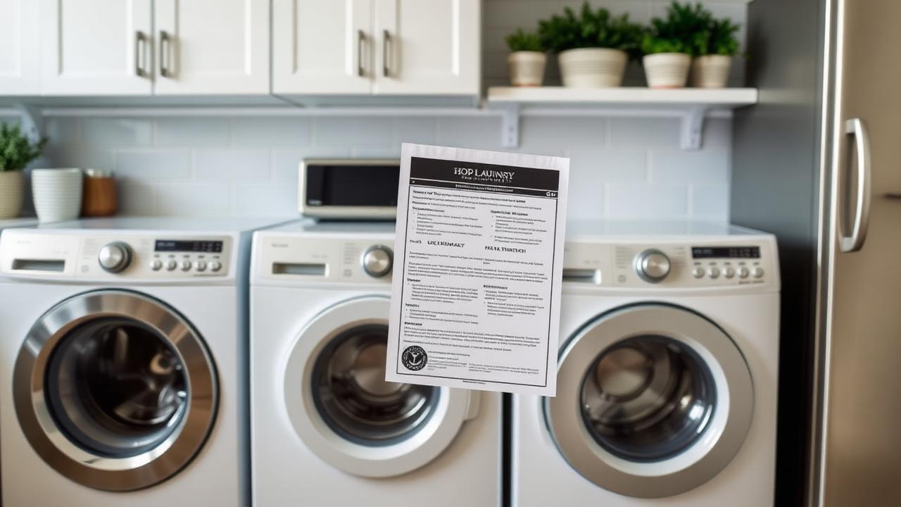 Lineup of kitchen and laundry appliances with a home warranty document