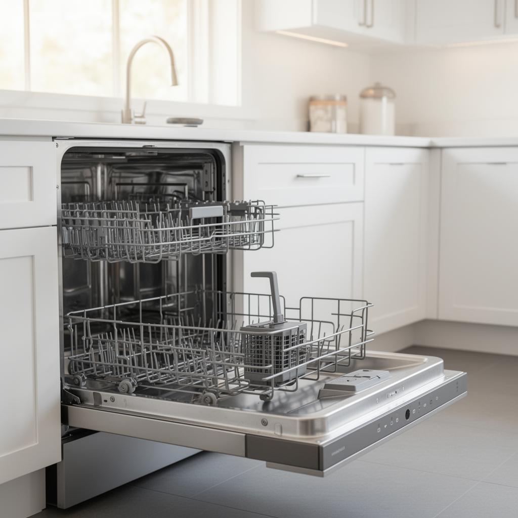 Open dishwasher with racks pulled out in a modern kitchen