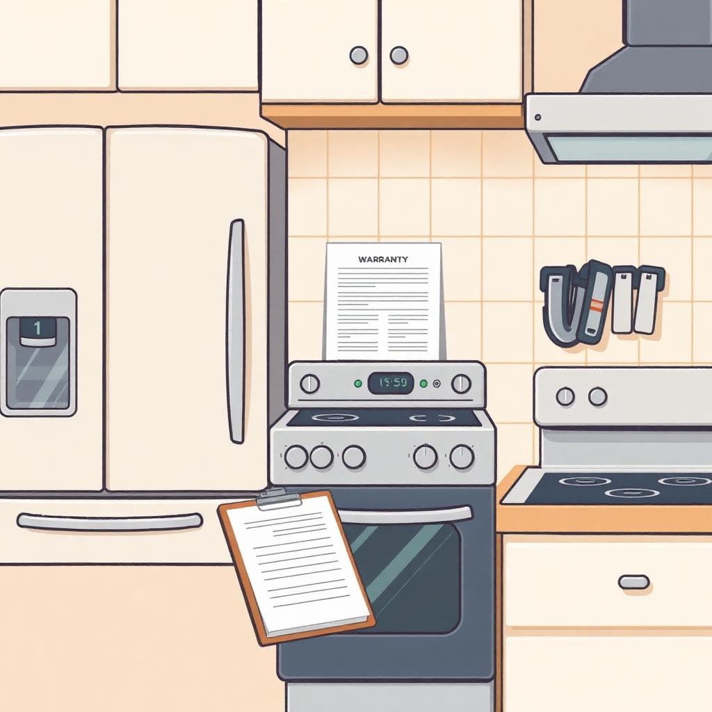 Older kitchen appliances with home warranty paperwork on a countertop