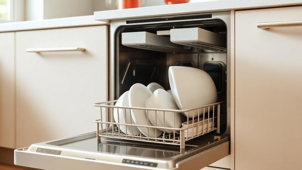 Built-in dishwasher open with clean dishes in a kitchen