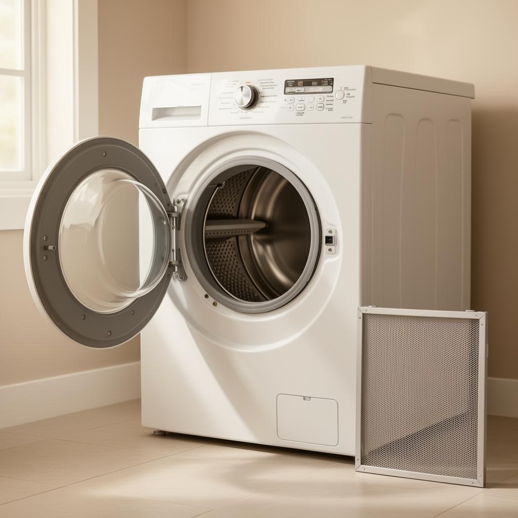 Clothes dryer with the door open and a clean lint screen beside it