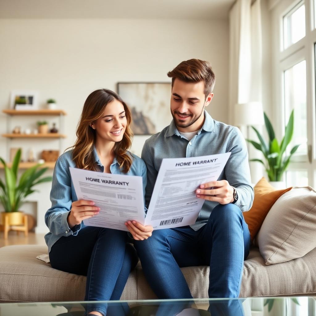 First-time home buyers reviewing a home warranty plan