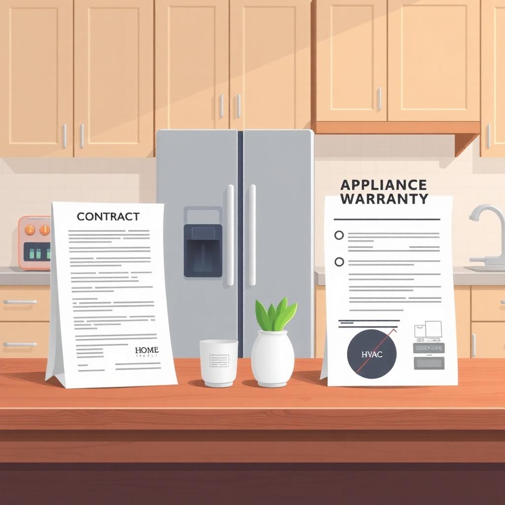 Homeowner comparing home warranty and appliance warranty documents at a kitchen table