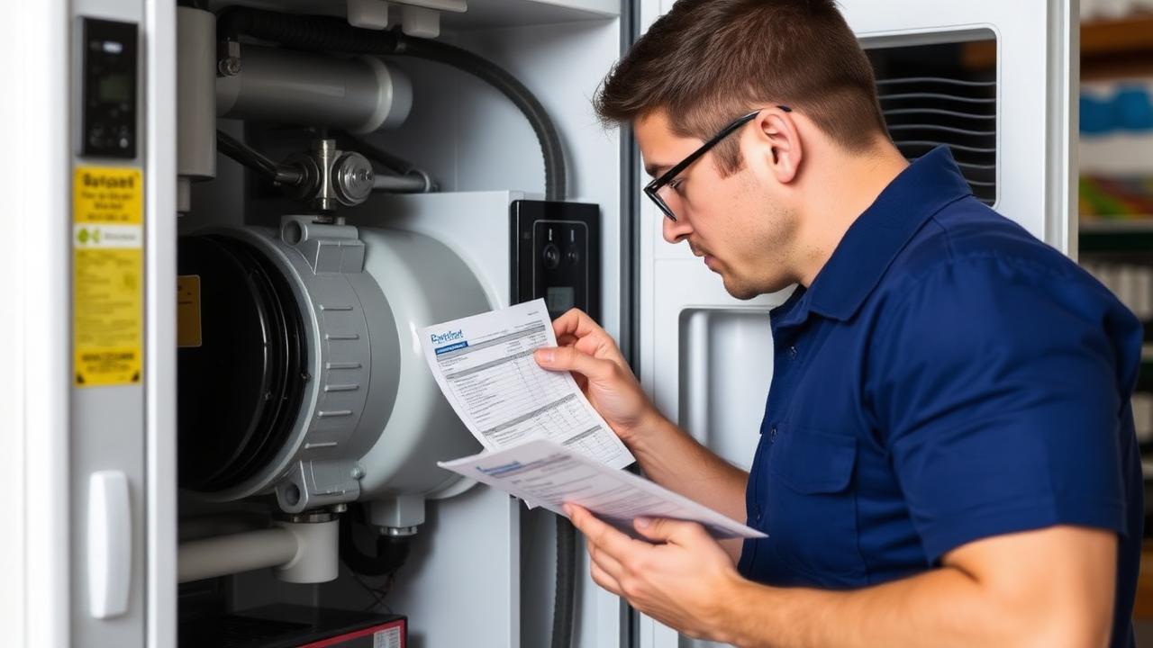 Technician examining a refrigerator compressor with a repair invoice