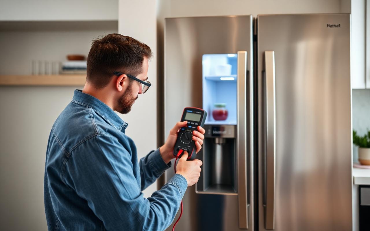 Technician checking the back of a refrigerator with a multimeter