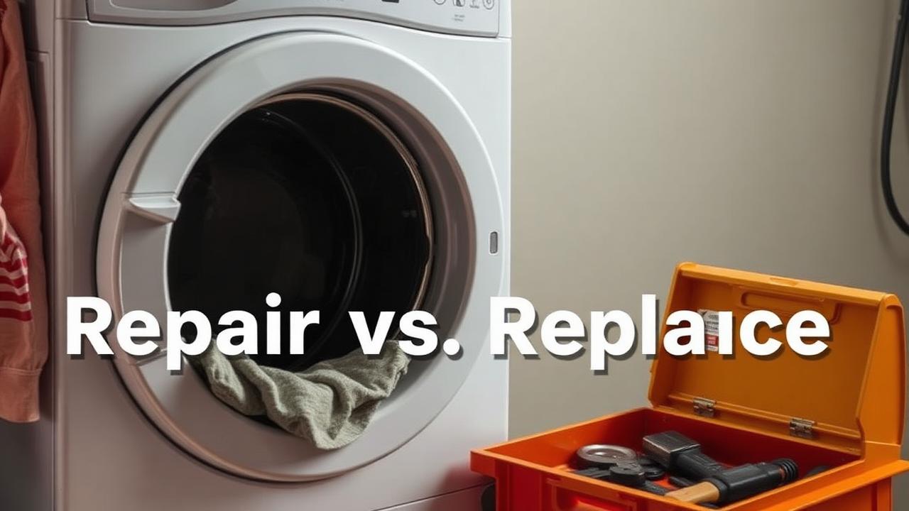 Clothes dryer with the drum open and a toolbox, illustrating repair vs replace