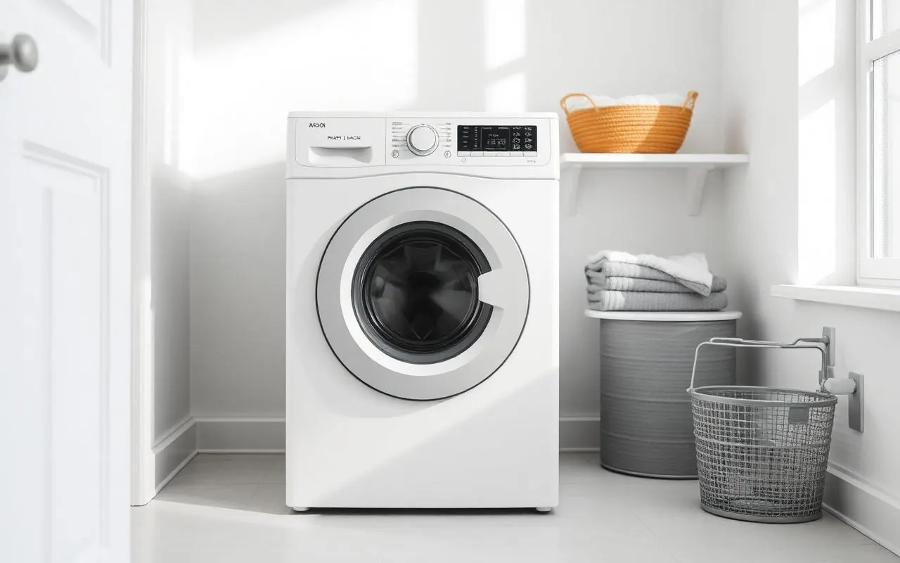 Modern front-load washing machine in a bright laundry room