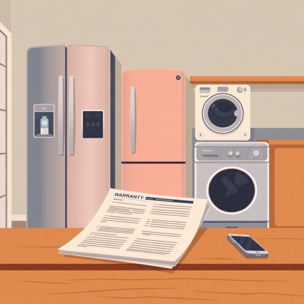 Warranty paperwork with a refrigerator, washer, and dishwasher in the background