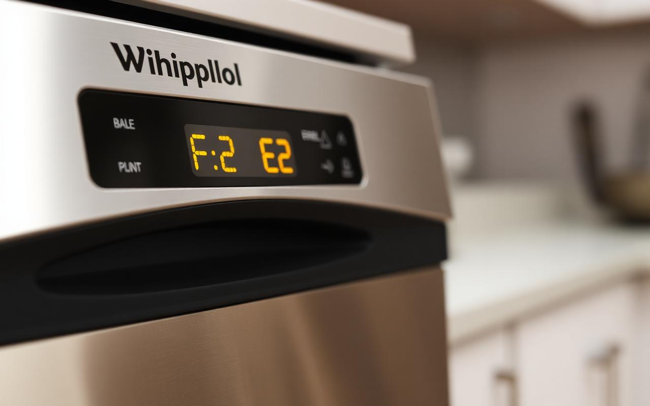 Whirlpool dishwasher control panel showing the F2 E2 error code