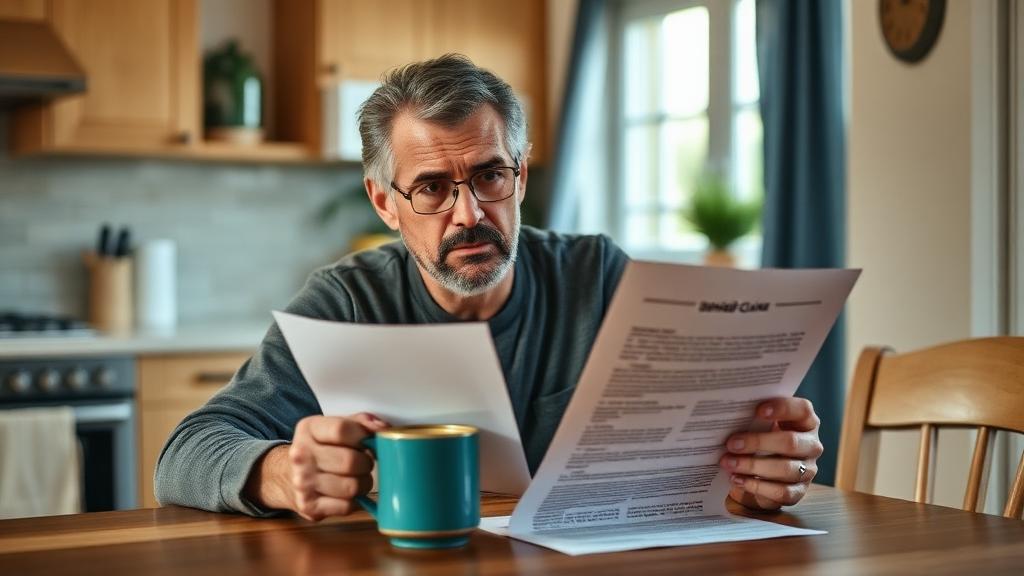 Homeowner reviewing a denied claim letter at a kitchen table